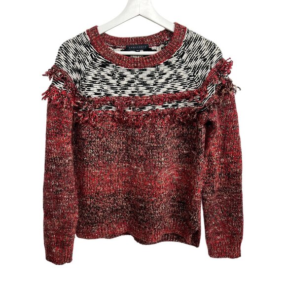 Sanctuary Chunky Knit Fringe Sweater Red Black Fair Isle Boho Size Small - Picture 1 of 16